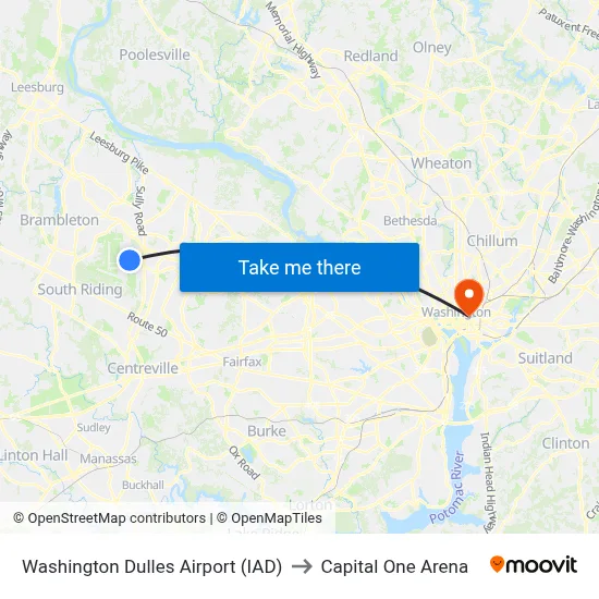Washington Dulles Airport (IAD) to Capital One Arena map