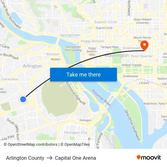 Arlington County to Capital One Arena map