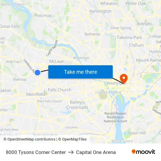 8000 Tysons Corner Center, 8000 Tysons Corner Center, McLean, VA 22102, USA to Capital One Arena map