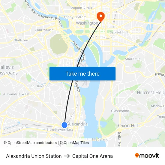 Alexandria Union Station to Capital One Arena map