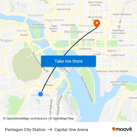 Pentagon City Station, Pentagon City Station, 1250 S Hayes St, Arlington, VA 22202, USA to Capital One Arena map