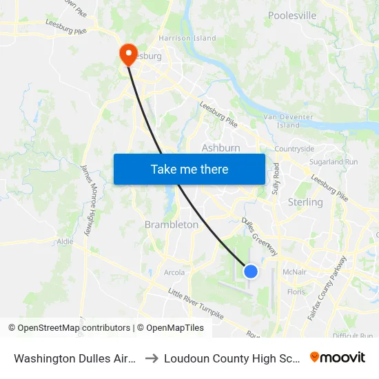 Washington Dulles Airport to Loudoun County High School map