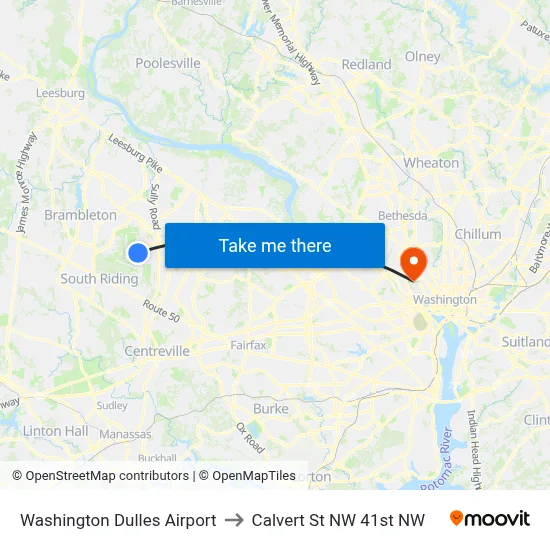 Washington Dulles Airport to Calvert St NW 41st NW map