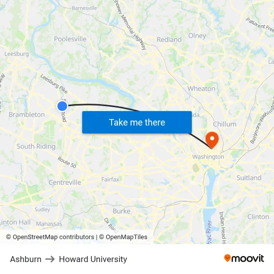 Ashburn to Howard University map