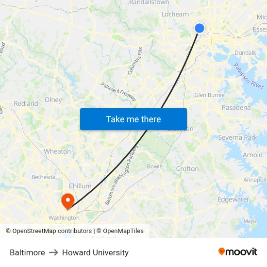 Baltimore to Howard University map
