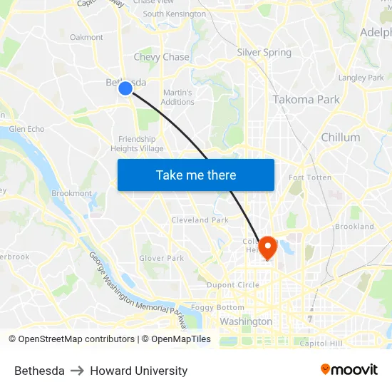 Bethesda to Howard University map