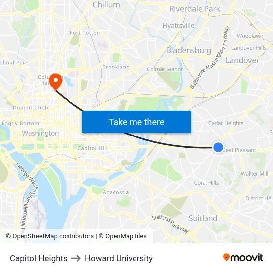 Capitol Heights to Howard University map