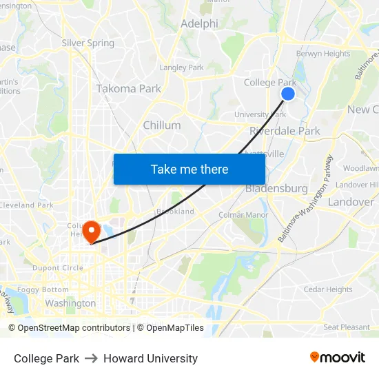 College Park to Howard University map