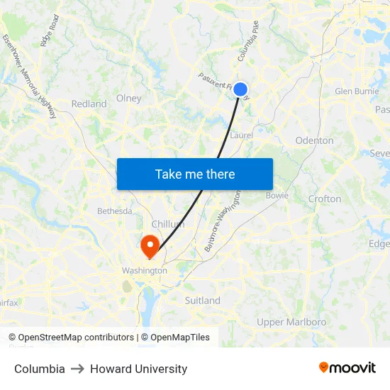 Columbia to Howard University map
