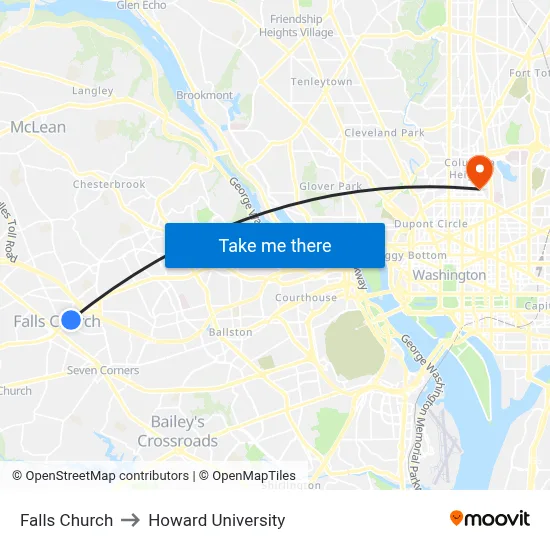 Falls Church to Howard University map