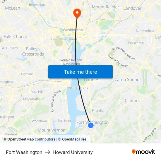 Fort Washington to Howard University map