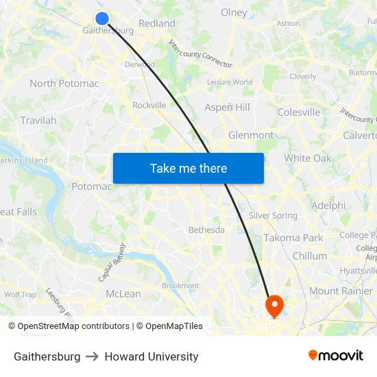 Gaithersburg to Howard University map