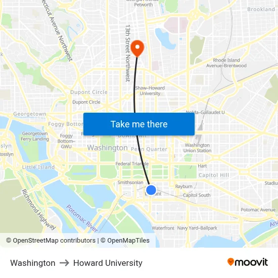 Washington to Howard University map