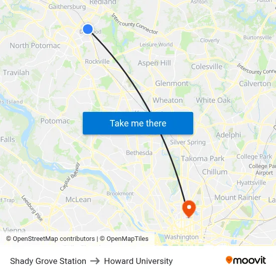 Shady Grove Station to Howard University map