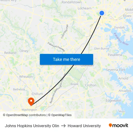 Johns Hopkins University Olin to Howard University map