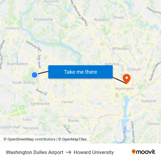 Washington Dulles Airport to Howard University map