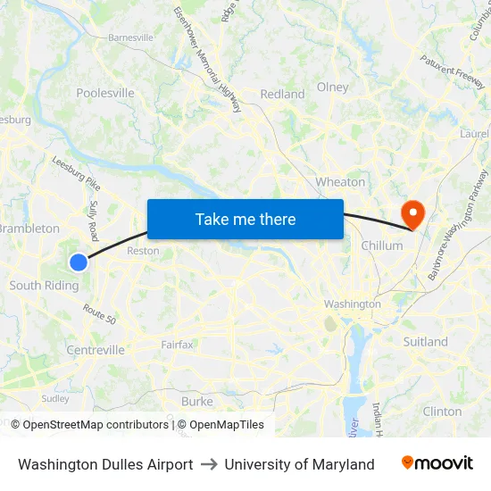 Washington Dulles Airport to University of Maryland map