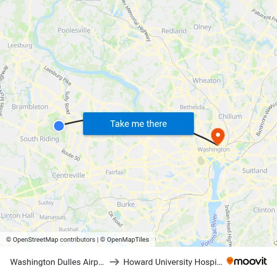 Washington Dulles Airport to Howard University Hospital map