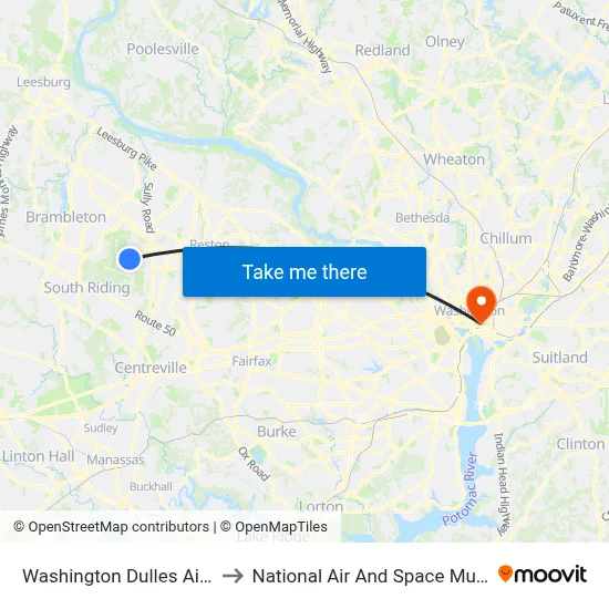 Washington Dulles Airport to National Air And Space Museum map