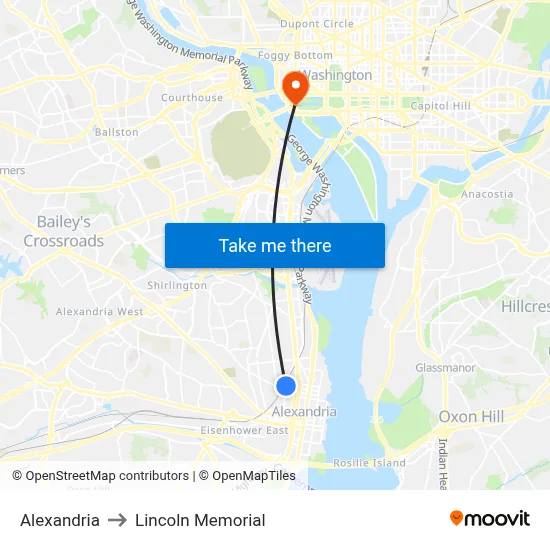 Alexandria to Lincoln Memorial map