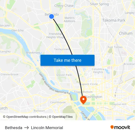 Bethesda to Lincoln Memorial map