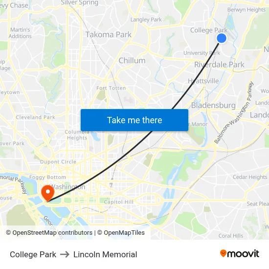 College Park to Lincoln Memorial map