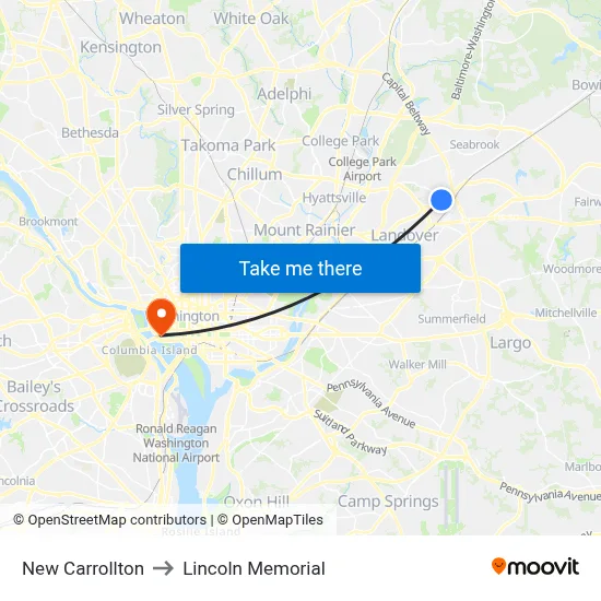 New Carrollton to Lincoln Memorial map