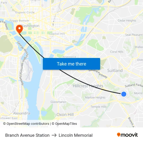 Branch Avenue Station to Lincoln Memorial map
