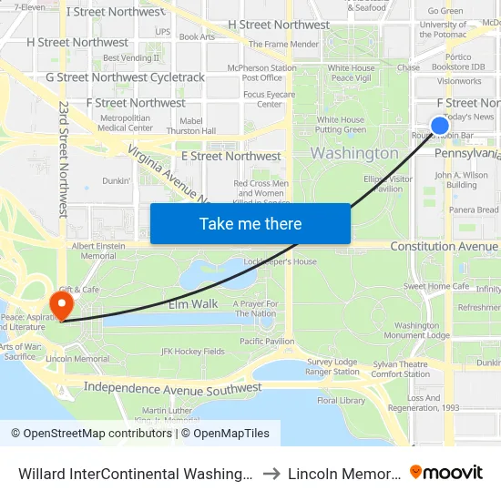 Willard InterContinental Washington to Lincoln Memorial map