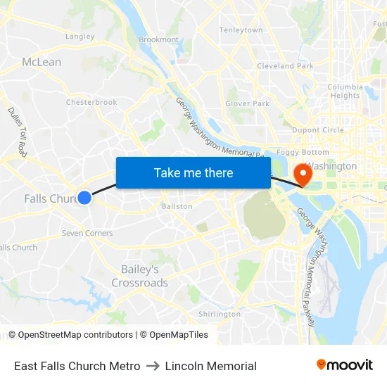 East Falls Church Metro to Lincoln Memorial map