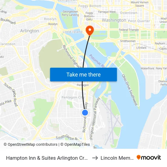 Hampton Inn & Suites Arlington Crystal City to Lincoln Memorial map