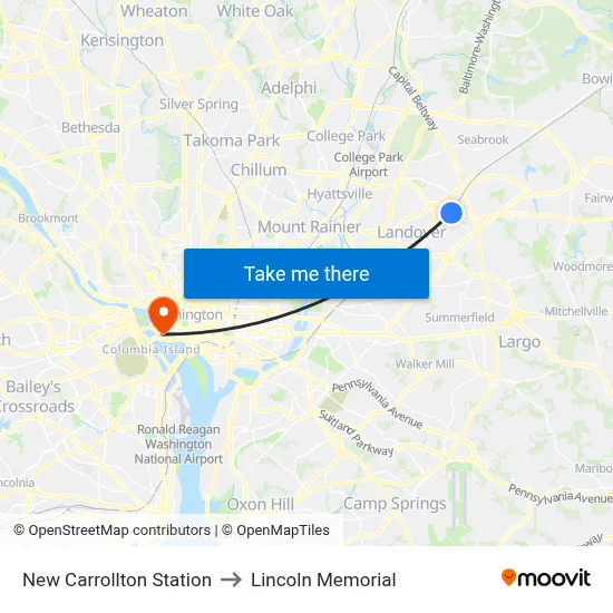 New Carrollton Station to Lincoln Memorial map