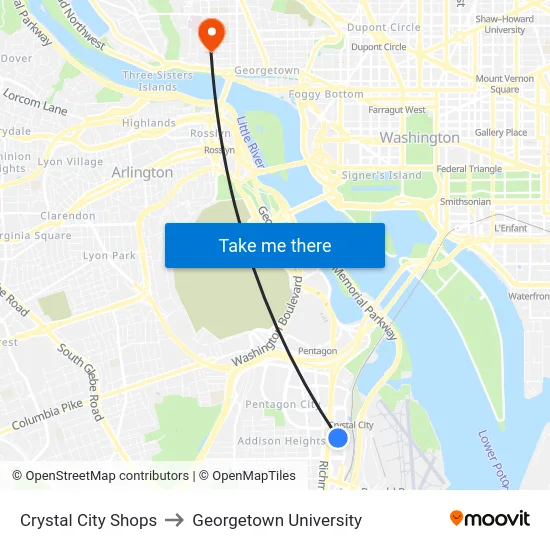 Crystal City Shops to Georgetown University map