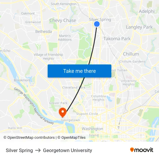Silver Spring to Georgetown University map