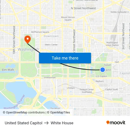United Stated Capitol to White House map