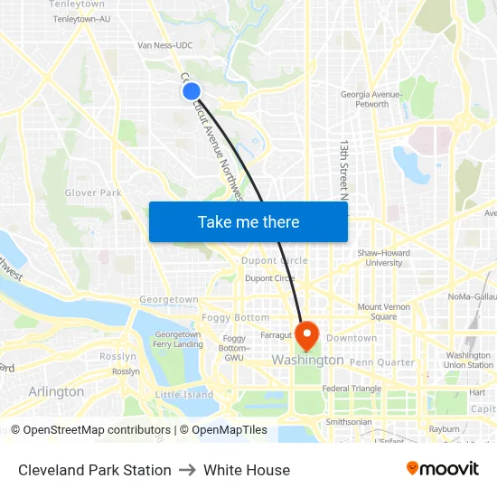 Cleveland Park Station to White House map