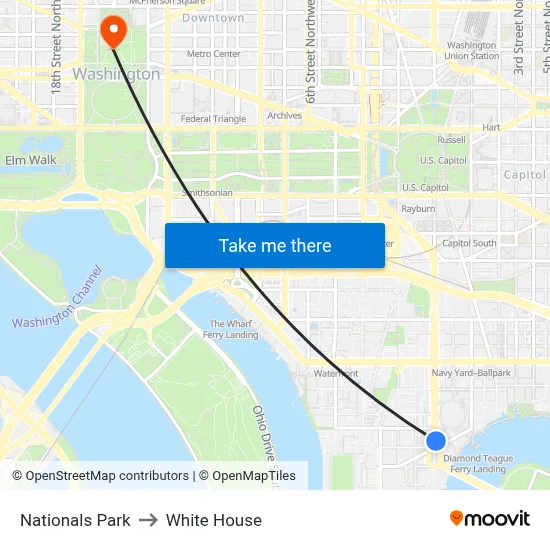 Nationals Park to White House map