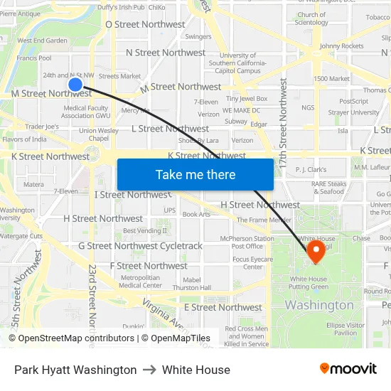 Park Hyatt Washington to White House map