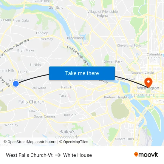 West Falls Church-Vt to White House map