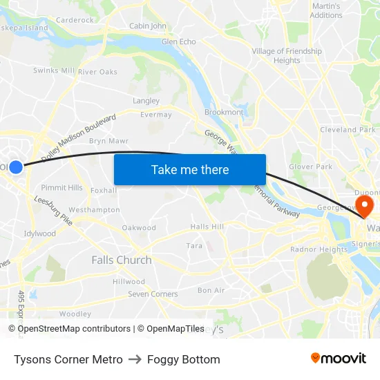 Tysons Corner Metro to Foggy Bottom map
