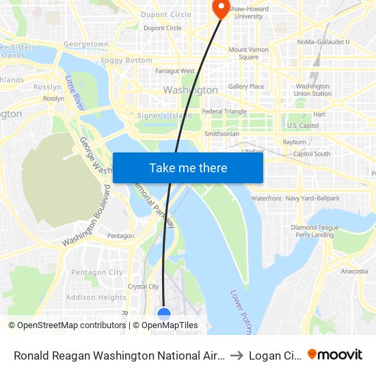 Ronald Reagan Washington National Airport (Dca) to Logan Circle map