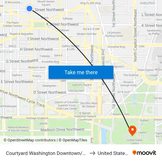 Courtyard Washington Downtown/Convention Center, 901 L St NW to United Stated Capitol map