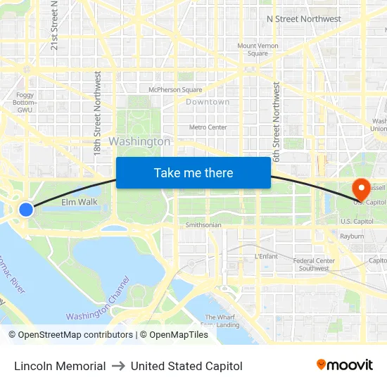 Lincoln Memorial to United Stated Capitol map