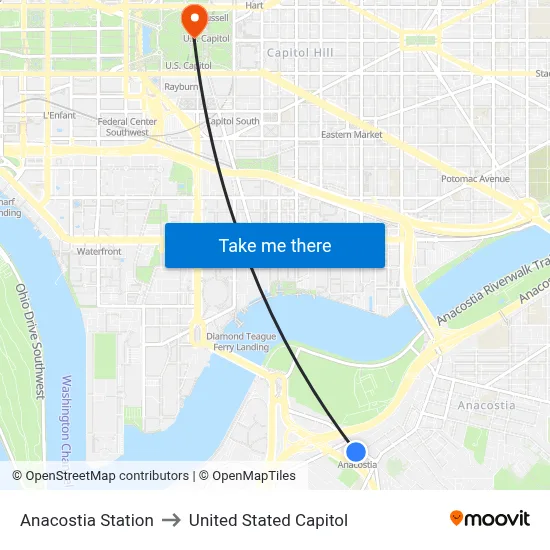 Anacostia Station to United Stated Capitol map