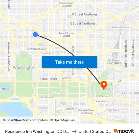 Residence Inn Washington DC Downtown to United Stated Capitol map