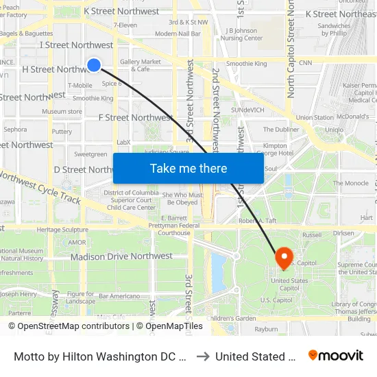 Motto by Hilton Washington DC City Center to United Stated Capitol map