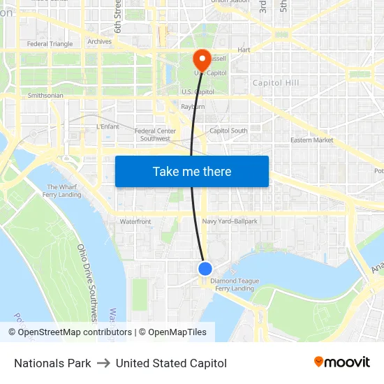 Nationals Park to United Stated Capitol map
