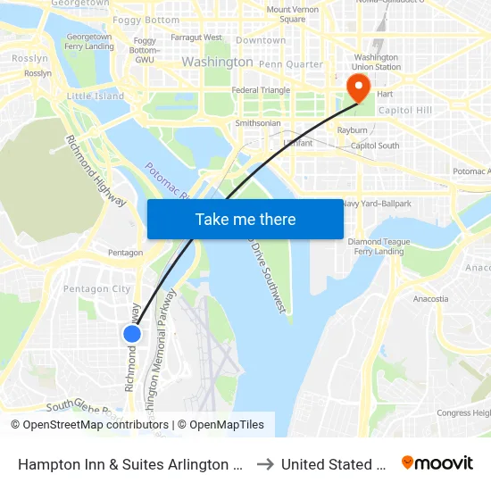 Hampton Inn & Suites Arlington Crystal City to United Stated Capitol map