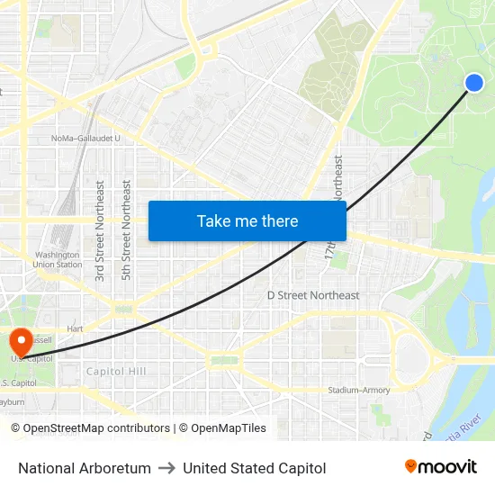 National Arboretum to United Stated Capitol map
