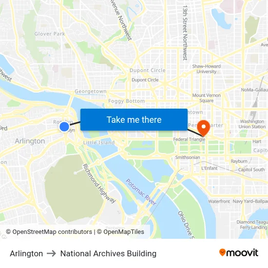 Arlington to National Archives Building map